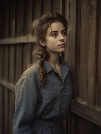 Portrait of a beautiful young woman in denim overalls on the background of a wooden wallの素材