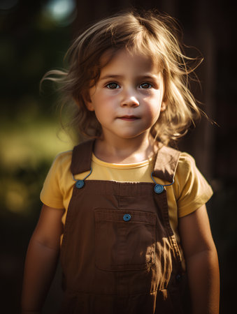 Portrait of a beautiful little girl in a yellow T-shirtの素材