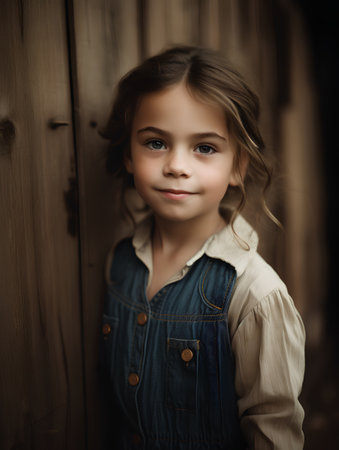 Portrait of a beautiful little girl in denim overalls on a wooden backgroundの素材