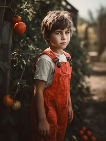 Portrait of a cute little boy in a red overalls standing in the greenhouse.の素材