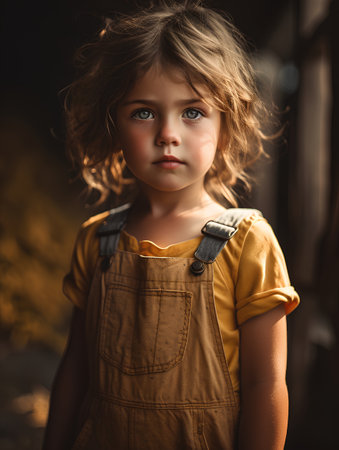 Portrait of a little girl in a yellow dress with a backpack.の素材