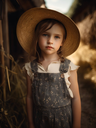 Portrait of a cute little girl in a straw hat in the countryside.の素材