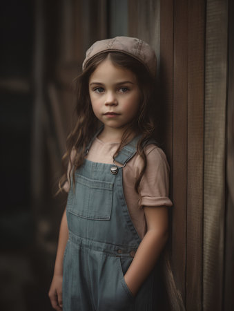 portrait of a beautiful little girl in a cap and overallsの素材