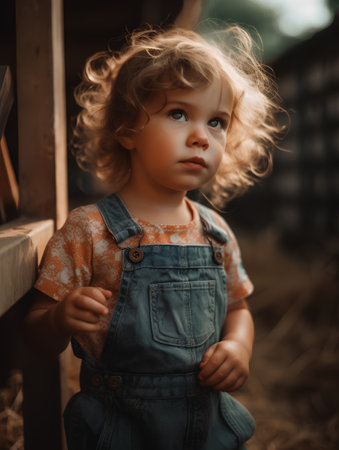 Portrait of a little girl in a denim overalls on the farmの素材