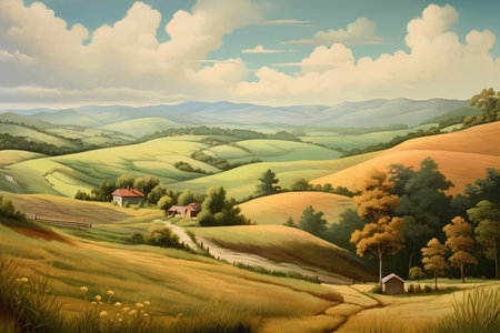 Tuscany rural landscape, hills and meadows, vector illustrationの素材