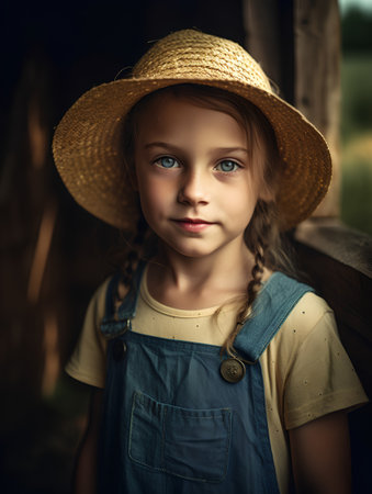 Portrait of a cute little girl with braids in a straw hat.の素材