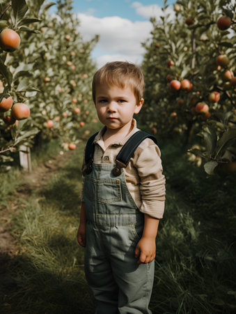 Cute little boy picking apples in an apple orchard in autumnの素材
