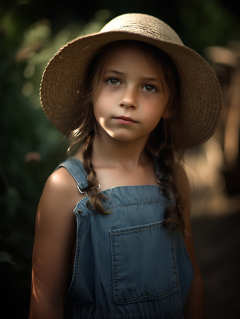 Portrait of a beautiful little girl in a straw hat. Selective focus.の素材