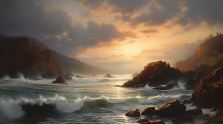 Beautiful seascape with waves at sunset. Digital painting.の素材