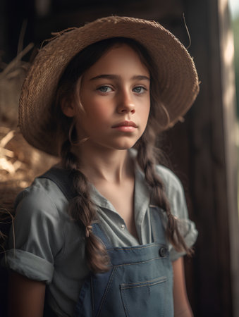 portrait of a beautiful girl in a straw hat and denim overallsの素材