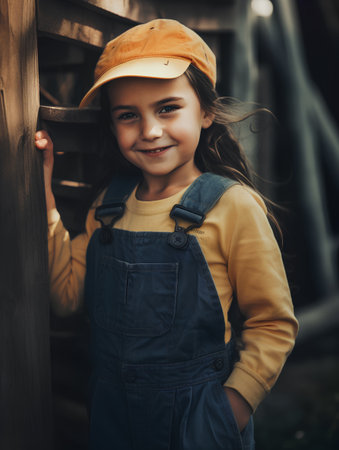 Portrait of a beautiful little girl in a cap and overalls.の素材