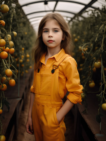 Cute little girl in yellow overalls standing in greenhouse with ripe tomatoes.の素材