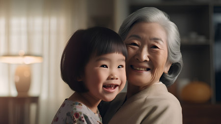 Asian grandmother and granddaughter laughing together at home. Happy family concept.の素材