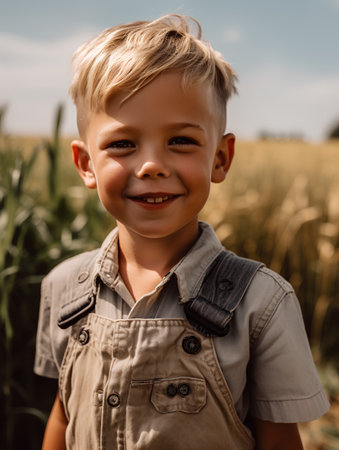 Portrait of a smiling little boy standing in a wheat field.の素材