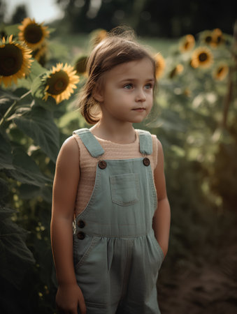 Portrait of a little girl in a field of sunflowersの素材
