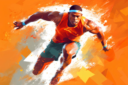 3D illustration of a male runner running in a race against an orange backgroundの素材