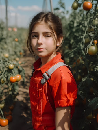 Portrait of a beautiful little girl in a greenhouse with tomatoes.の素材