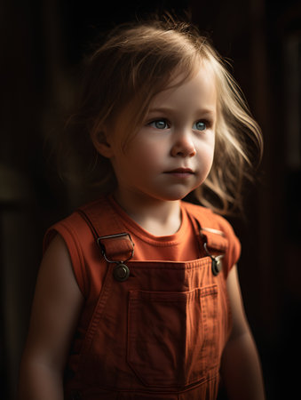 Portrait of a cute little girl in a red dress on a dark backgroundの素材