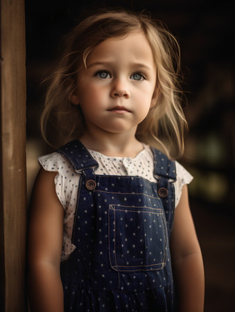 Portrait of a little girl in a denim dress. Selective focus.の素材