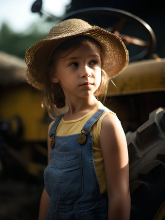 portrait of a little girl in a straw hat on the background of a tractorの素材