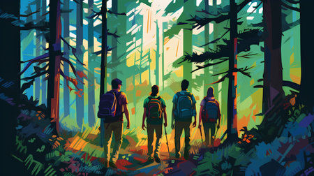 Group of tourists with backpacks hiking in the forest, vector illustrationの素材