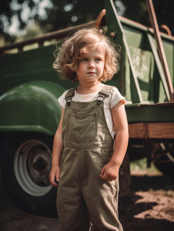 Portrait of cute little boy with curly hair in green overallsの素材