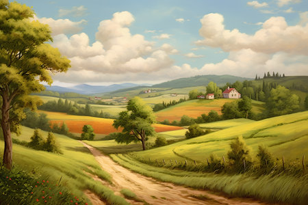 Beautiful summer landscape with country road, meadows and village.の素材