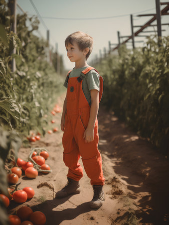 Little boy farmer in orange overalls standing on the field of tomatoesの素材