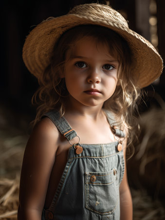 Portrait of a little girl in a straw hat and denim overallsの素材