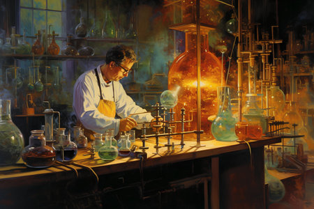Chemist working in the laboratory. Oil painting on canvas. Modern art.の素材