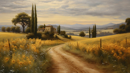 Country landscape in Tuscany, Italy. Vintage style illustration.の素材