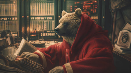Bear in a red bathrobe with a book in his hands.の素材