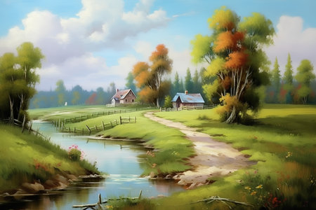 Beautiful autumn landscape with a small village by the river. Digital paintingの素材