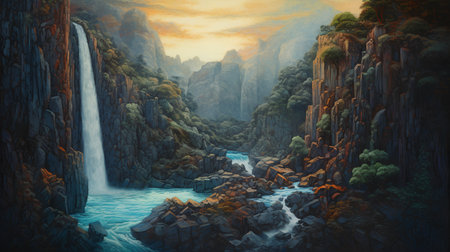 Waterfall in the mountains at sunset. 3d rendering. Computer digital drawing.の素材
