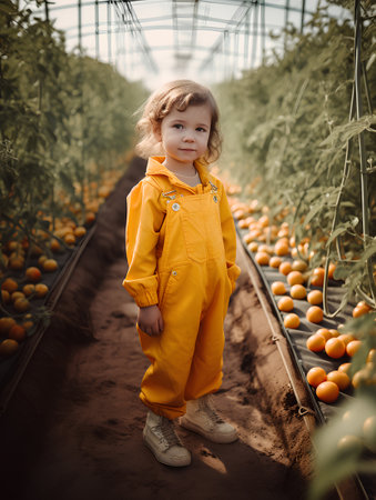 Cute little girl in yellow raincoat picking ripe tomatoes in greenhouseの素材