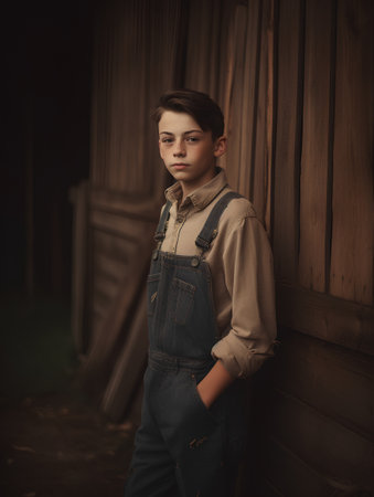 Portrait of a boy in denim overalls standing by the wooden doorの素材