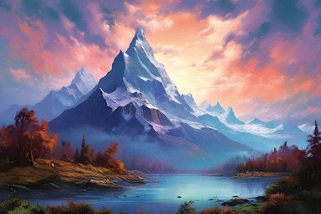 Mountain landscape with lake and forest at sunset. Digital painting.の素材