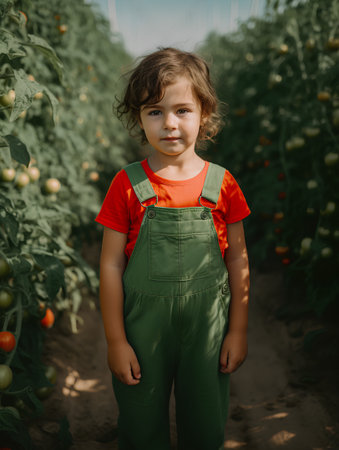 Little girl with curly hair in green overalls standing in greenhouse and looking at cameraの素材