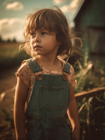 Portrait of a cute little girl in a denim overalls at sunset.の素材