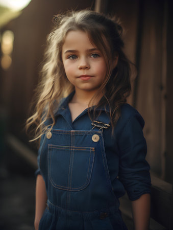 Portrait of a beautiful little girl in a denim overalls.の素材