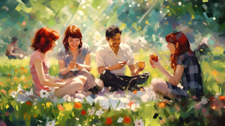 Group of young people sitting on the grass with flowers and drinking coffeeの素材