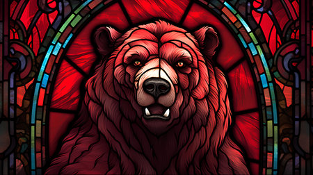 Illustration in stained glass style with a bear on a red backgroundの素材