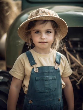 portrait of a beautiful little girl in a straw hat on the farmの素材