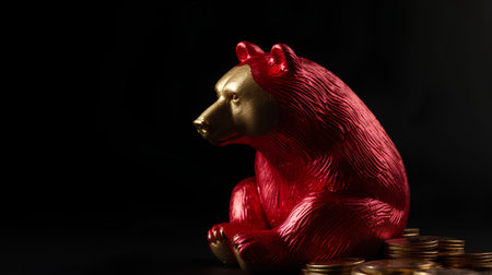 Red bear with gold coins on a black background, saving money conceptの素材