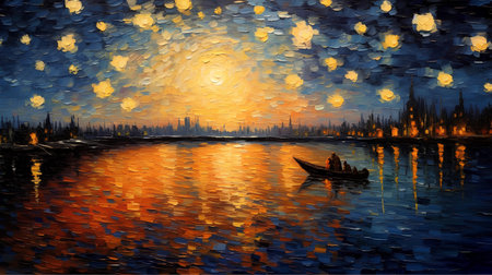 Sunset over Venice, Italy. Original oil painting on canvas.の素材