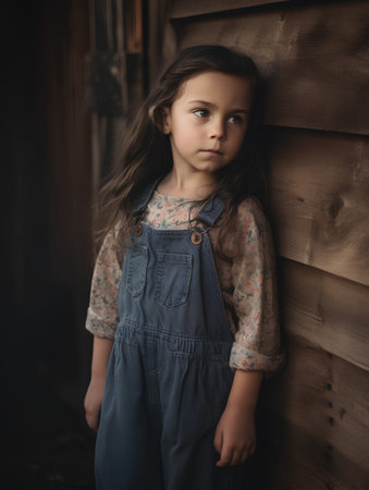 Portrait of a beautiful little girl in a denim overalls.の素材