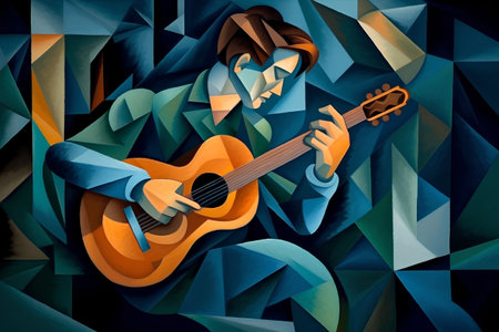 guitar player in origami style, 3d illustration, square compositionの素材