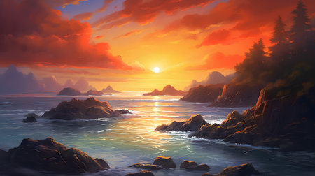 Beautiful sunset over the sea. Fantasy landscape. 3d renderingの素材