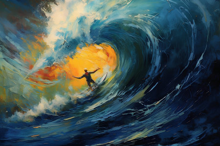 Surfer on the ocean waves. Surfer on a blue background.の素材