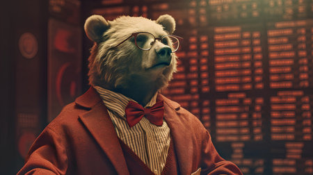 Portrait of a bear wearing a red bow tie and glasses.の素材
